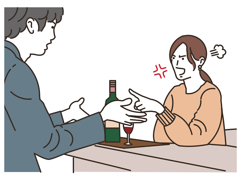 Illustration of a woman angrily confronting a male companion at a table with a wine bottle.