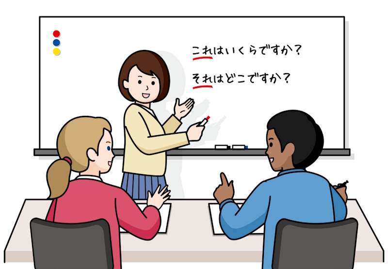 Cartoon of a woman teaching basic Japanese to a female and male student