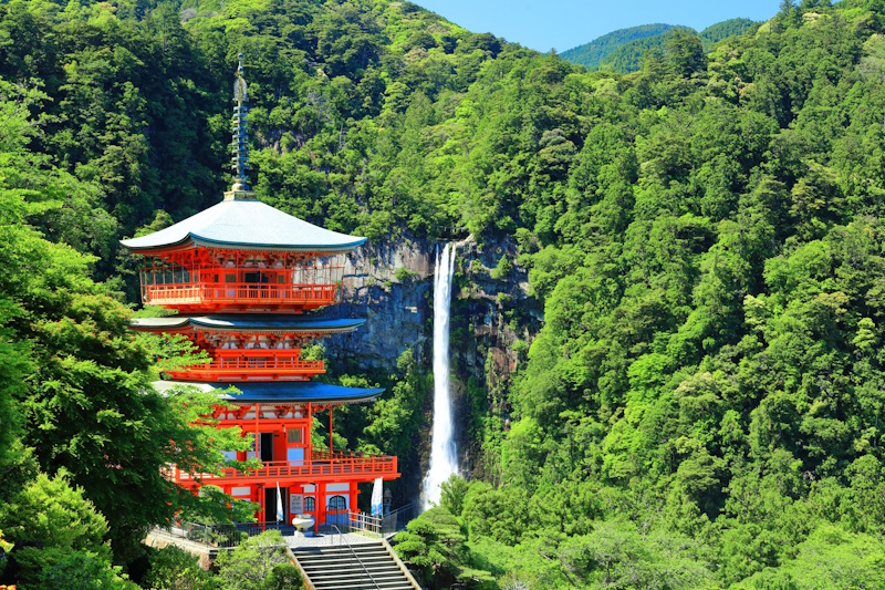 The three-story pagoda of Seiganto-ji beside Nachi Falls on the Kumano Kodo pilgrimage route.