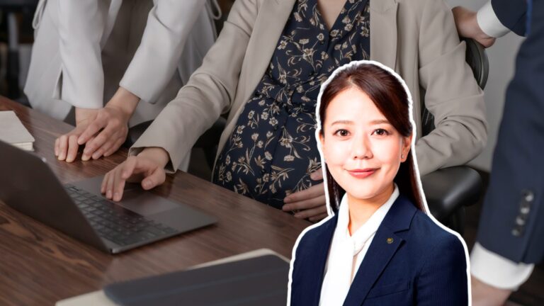Picture of Kawata Shoko in the foreground against a background of an expectant mother working on a laptop with a colleague on each side of her