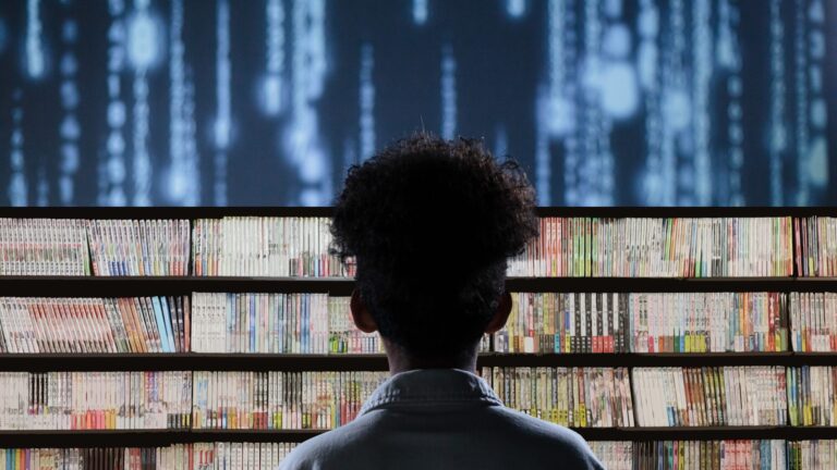 Kid standing in front of a row of manga with a digital Matrix-like display behind it