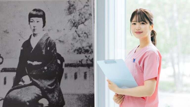 Old picture of Suzuki Masa alongside a modern nurse