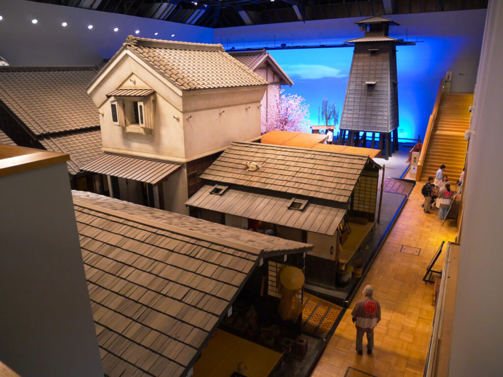 Overhead view of the full-scale reconstructed Edo town block and wooden fire-watch tower at the Fukagawa Edo Museum