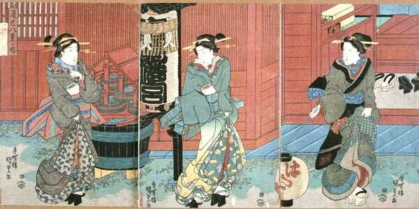 Ukiyo-e triptych of three Tatsumi geisha in subdued kimono, one by a well, one beneath a large paper lantern