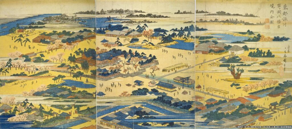 Edo-era ukiyo-e bird's-eye view of Fukagawa, with the Tomioka Hachiman shrine grounds, canals, and crowds