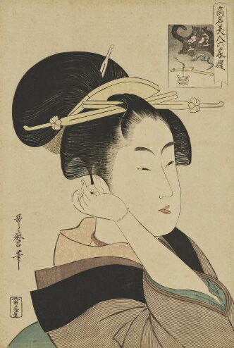 Utamaro bust portrait of the Fukagawa geisha Rokō, her hair in an elaborate pinned updo, one hand at her face