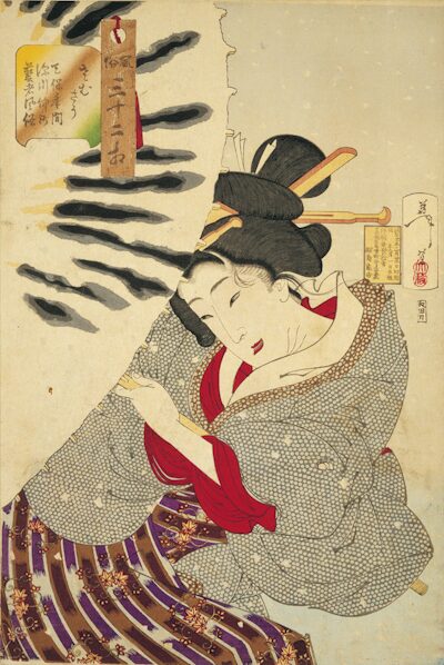 Yoshitoshi print of a Fukagawa geisha in a grey kimono and red underlayer, pulling her collar against the cold