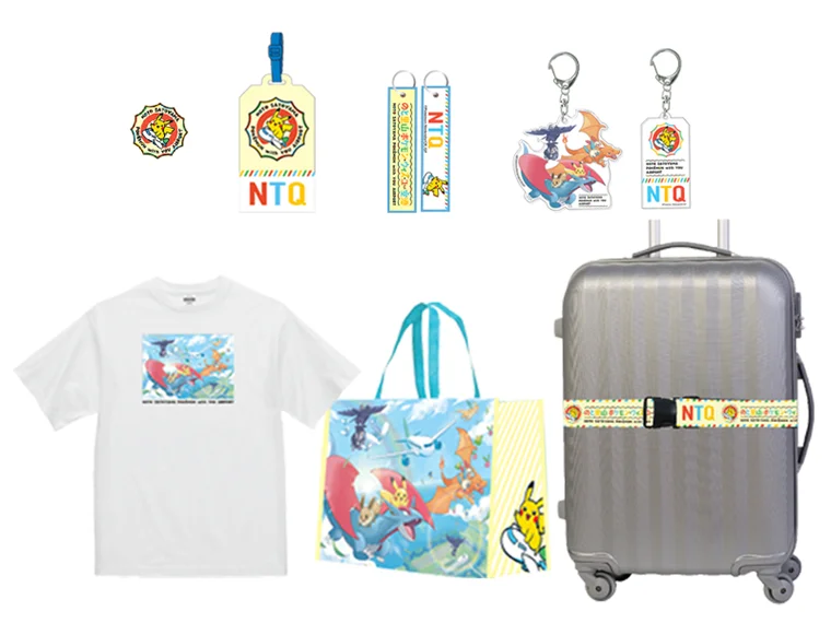 Exclusive Pokémon merchandise for Noto airport including T-shirts, keychains, luggage tags, and a tote bag featuring flying-type Pokémon