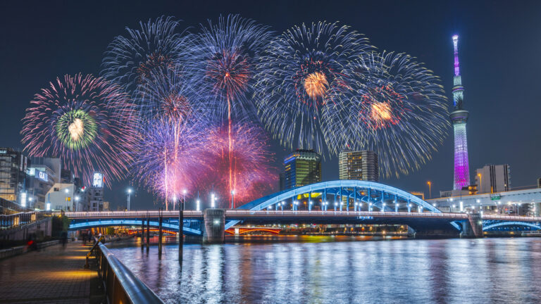 Sumida Fireworks in Tokyo set against the backdrop of Skytree
