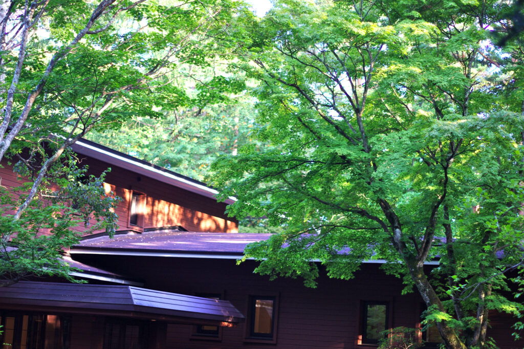 A wooden villa surrounded by green trees at a Japanese highland resort