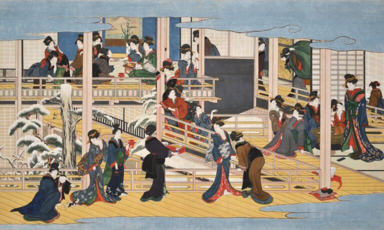 Utamaro ukiyo-e of kimono-clad women gathered in a two-story Fukagawa teahouse with snow falling outside