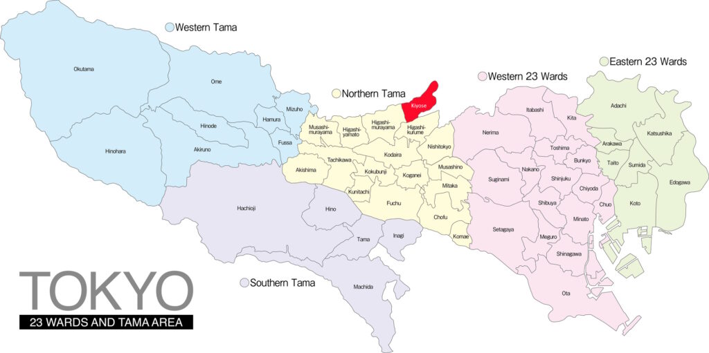 A map of Tokyo with Kiyose highlighted in red