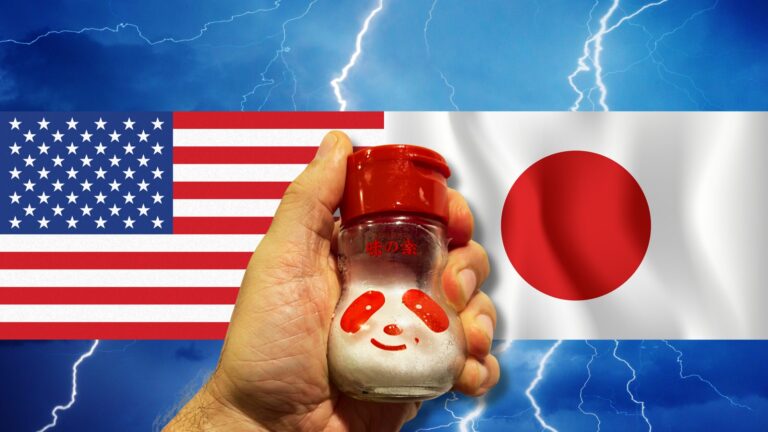 A hand holds a bottle of AJI-NO-MOTO MSG with its panda logo, between the US and Japanese flags under a stormy sky.