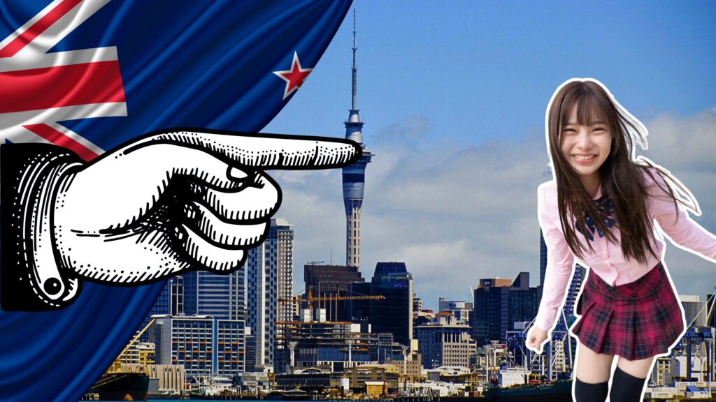 Fukuda Yua superimposed over the Auckland skyline beside a New Zealand flag and a pointing-hand graphic.