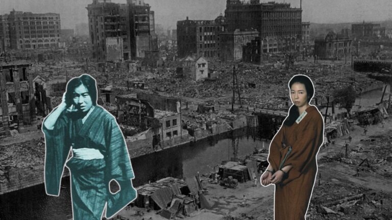 Kaneko Fumiko in kimono superimposed on a black-and-white photo of a city devastated by the 1923 Great Kantō Earthquake