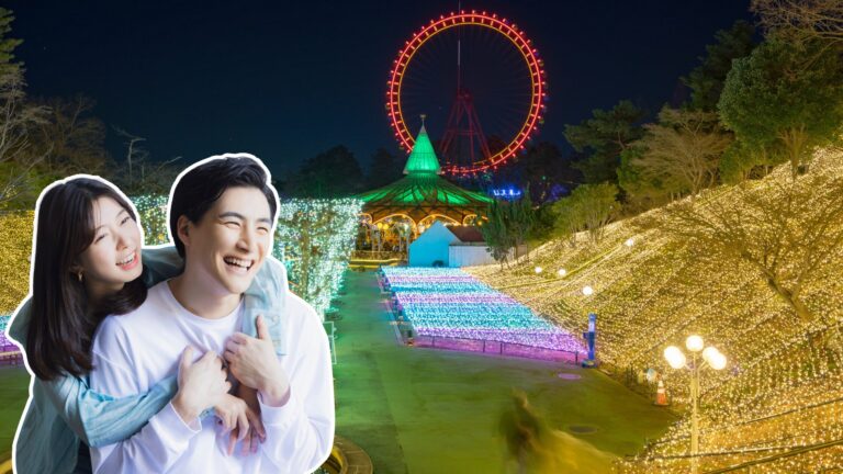 Young couple embracing in front of a nighttime amusement park with a glowing red Ferris wheel and winter illuminations