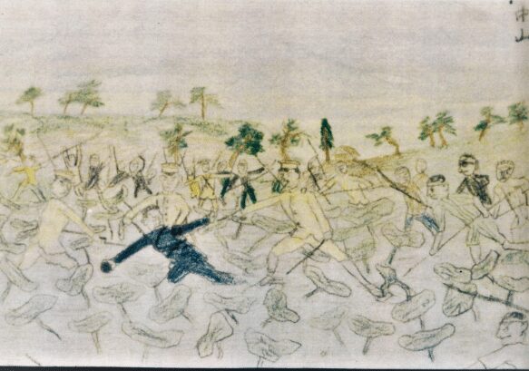 A colored drawing of armed men attacking Koreans during the violence after the 1923 Great Kantō Earthquake