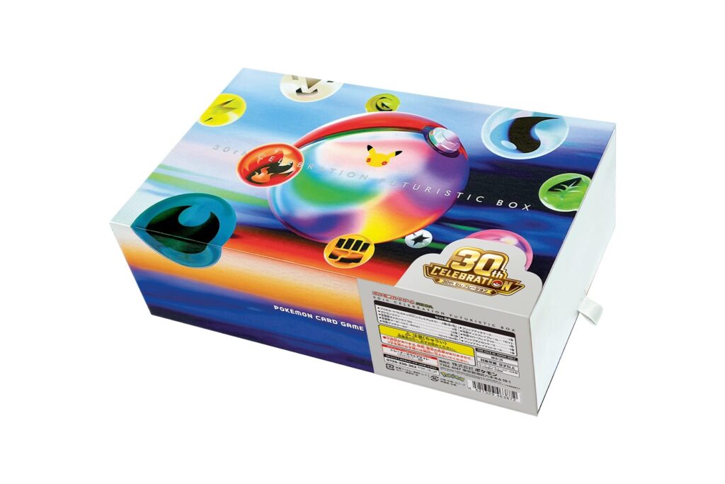 The Pokémon Card Game 30th CELEBRATION FUTURISTIC BOX, printed with energy-type symbols and a Poké Ball