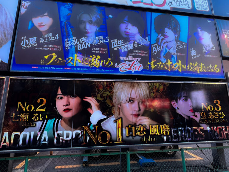 Illuminated host club ranking billboards in Kabukicho, Tokyo, showing hosts ranked No. 1 through No. 4 with photos and Japanese sales copy