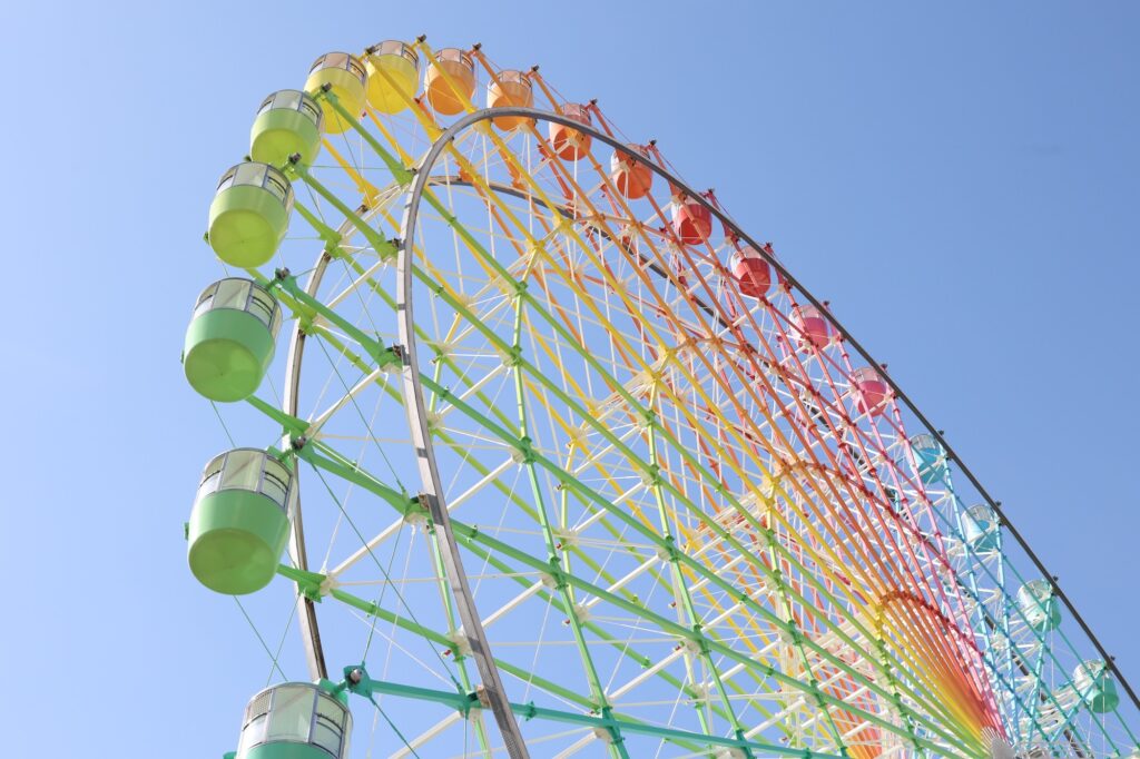 Rainbow-colored Ferris wheel with multicolored gondolas against a clear blue sky, seen from below
