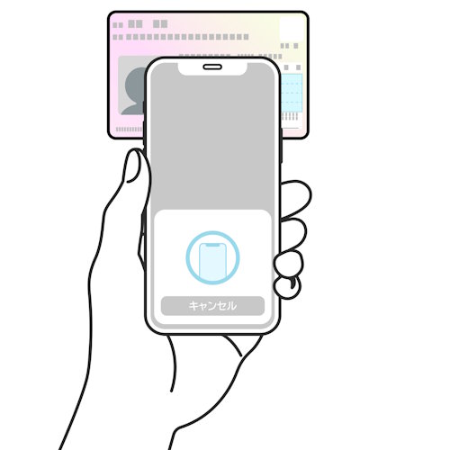 Illustration of a hand holding a smartphone scanning a My Number card to read its IC chip
