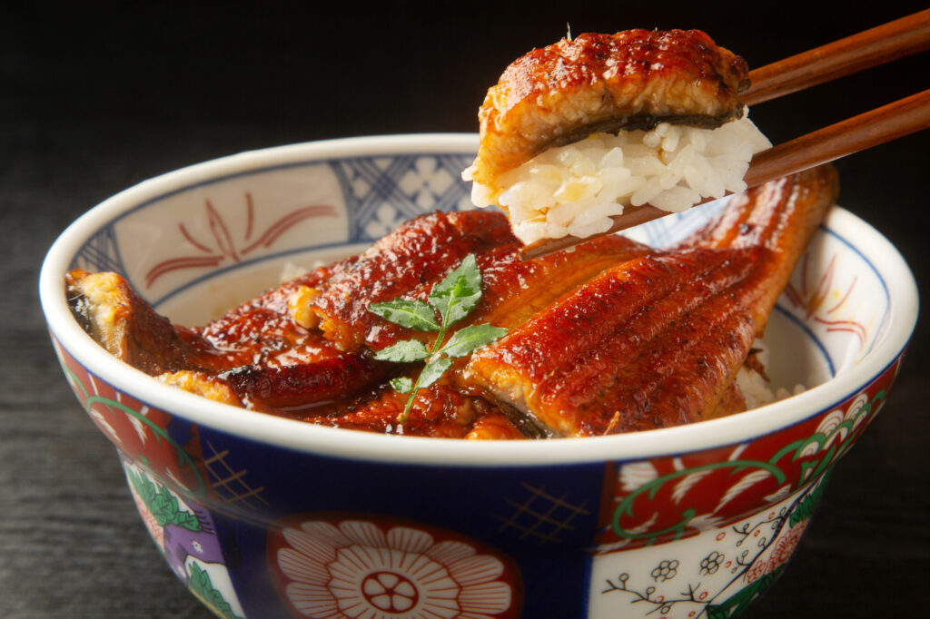 Chopsticks lifting glazed grilled eel over rice from a colorful Imari porcelain bowl of unadon