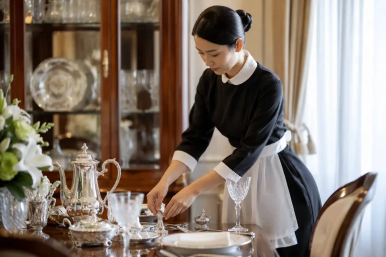 Maid in a black and white uniform setting a formal dining table with silver tea service and crystal glassware