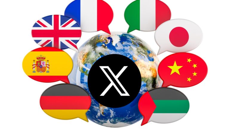 The X logo over a globe, ringed by speech bubbles showing the flags of Japan, the UK, France, China and other nations.