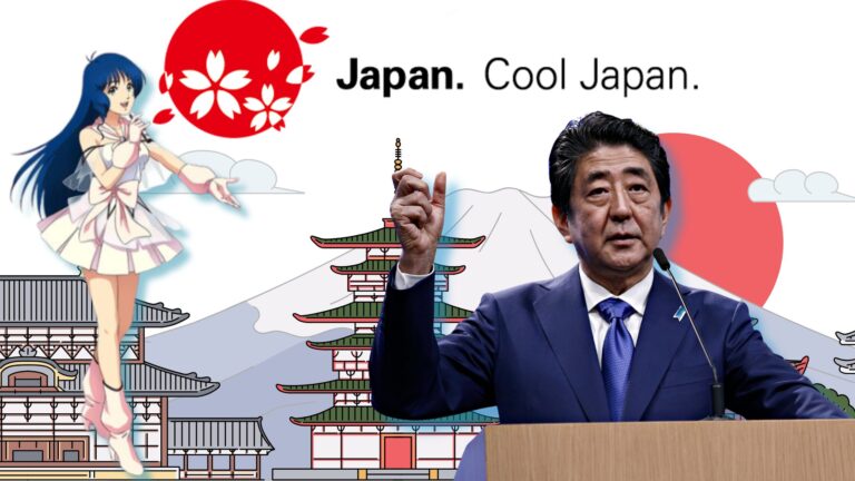 Composite of an anime character, the Cool Japan logo, illustrated temples and Mt. Fuji, and Abe Shinzō at a podium.