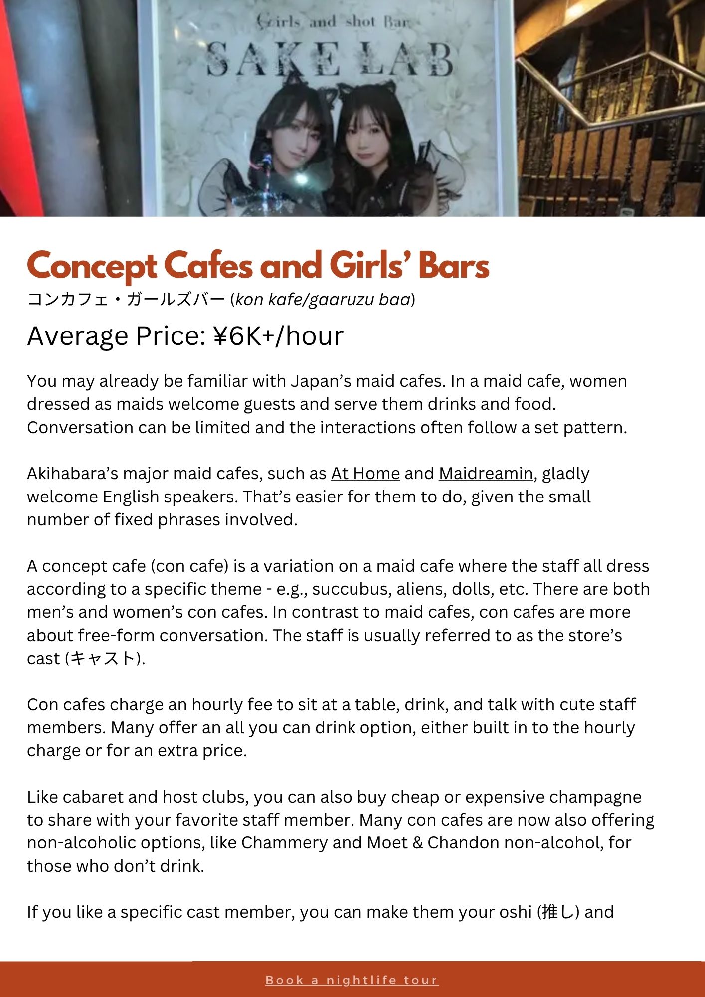 A sample page explaining concept cafes and girls' bars, including typical hourly pricing