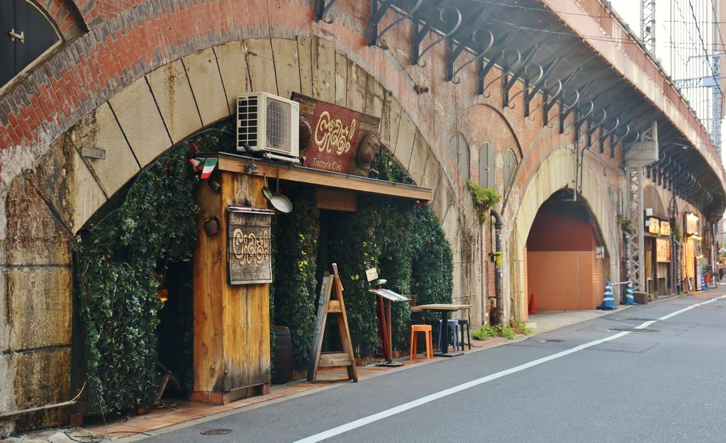 Restaurants beneath the historic brick railway viaduct in central Tokyo