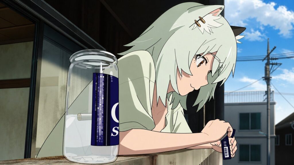 The catgirl Yaniko slumped over a windowsill beside an Ozeki OneCup sake, in a still from the anime Yani Neko.