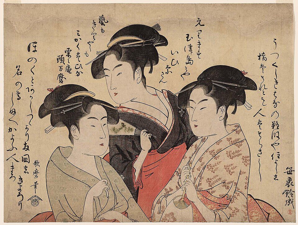 Utamaro's woodblock print "Three Beauties of the Present Day": three women in kimono in a triangular composition