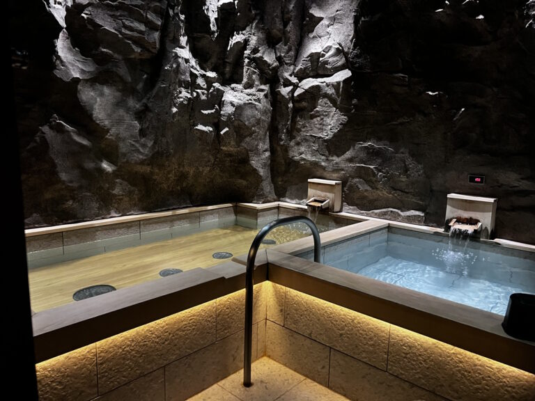 Cave-themed private onsen room with a large wooden-floored bath and a smaller stone bath under dark rock walls