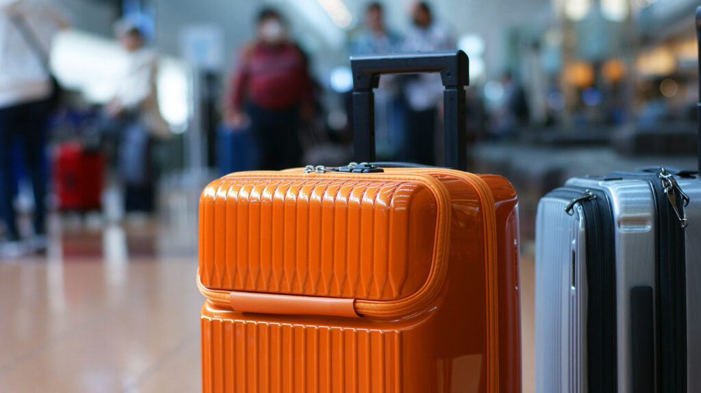 A glossy orange hard-shell suitcase with its handle up beside a silver one in a busy airport terminal