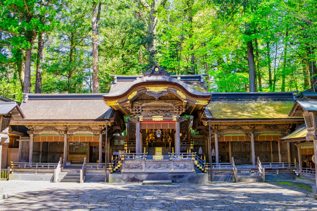 Ornately carved wooden hall of Suwa Taisha framed by tall green trees