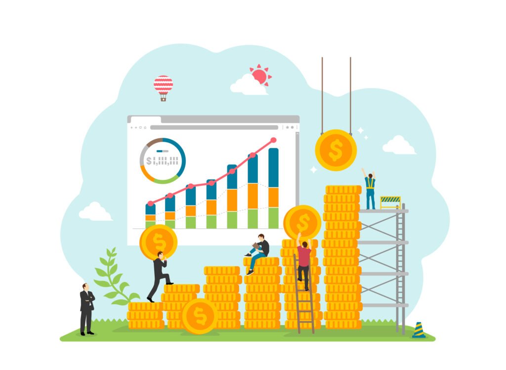 Flat illustration of small figures climbing stacks of gold coins beside a rising bar chart
