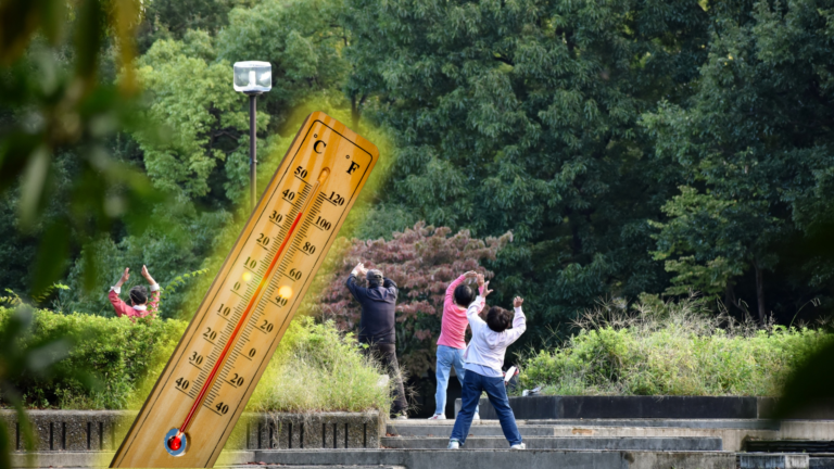 Oversized thermometer graphic superimposed on a park where four older adults do radio calisthenics with their arms raised.