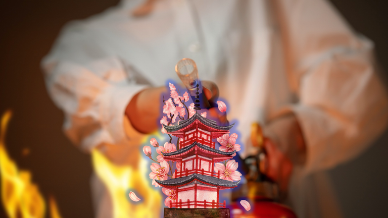 An illustrated red pagoda ringed with cherry blossoms, superimposed over a blurred figure in a white shirt and orange flames