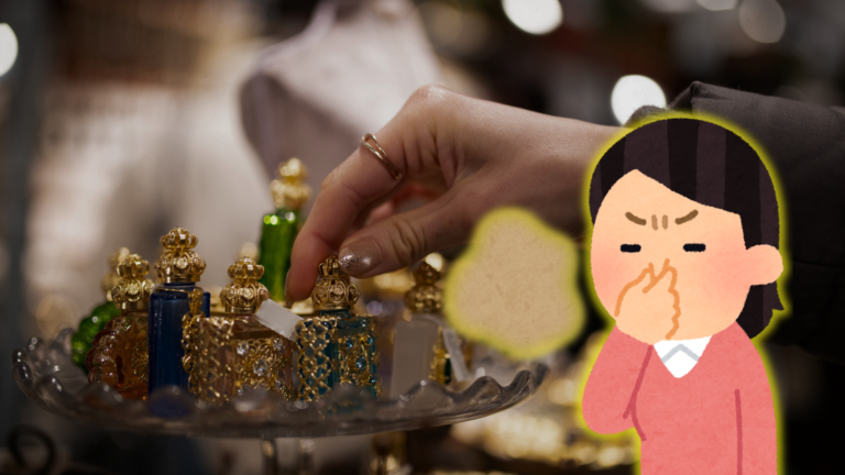 Ornate perfume bottles on a glass display stand, with a cartoon woman pinching her nose overlaid at right.
