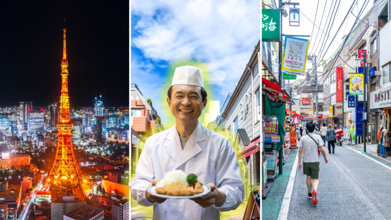 A nighttime view of Tokyo Tower, a smiling chef holding a plate of tonkatsu, and a busy Tokyo shopping street.