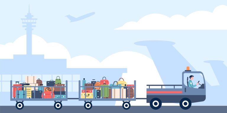 Illustration of an airport baggage tractor towing two carts stacked with colorful suitcases past a terminal.