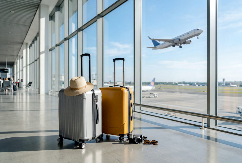 Silver and orange suitcases with a straw hat, camera and sunglasses at an airport window as a plane takes off.