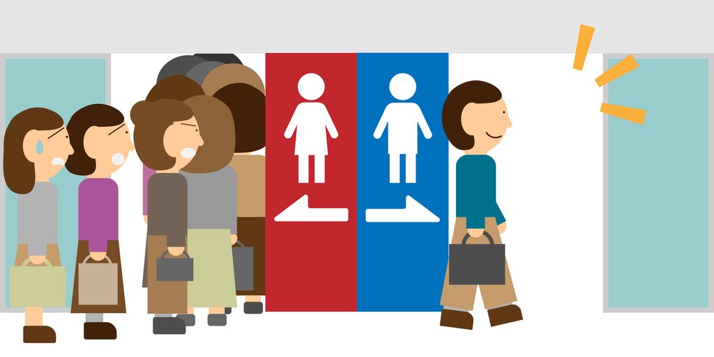 Illustration of women queuing at a red women's restroom sign while a man walks freely toward the blue men's side.