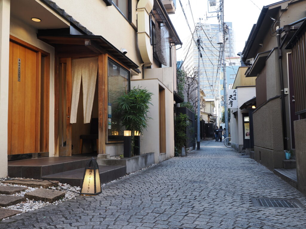 A narrow cobblestone alley in Kagurazaka lined with traditional wooden restaurant facades and paper lanterns.