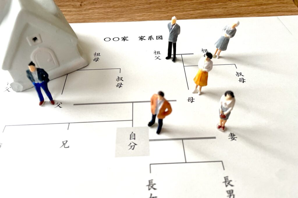 Miniature figures standing on a Japanese family tree chart labeled with kinship terms for grandfather, mother, and wife.
