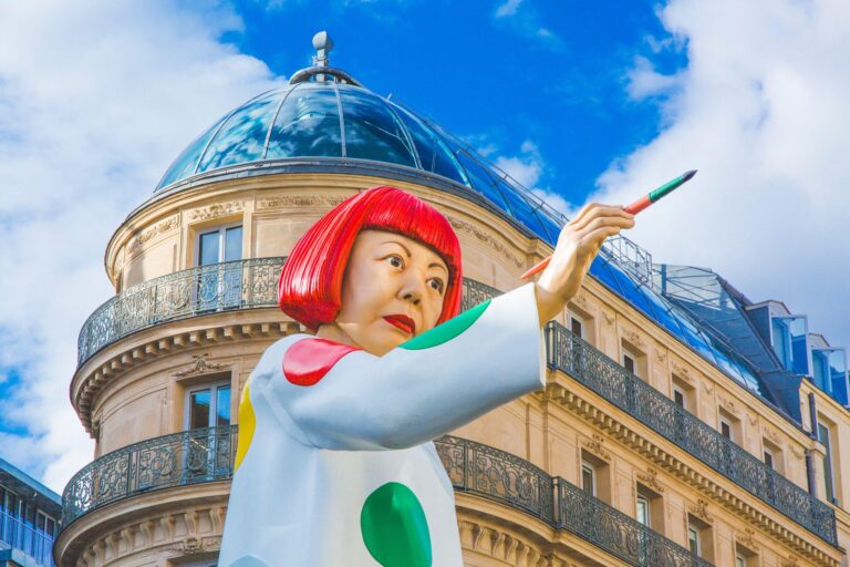 France, Paris, huge sculpture bearing the likeness of Yayoi Kusama has been erected on rue du Pont Neuf, between the headquarters of Maison Louis Vuitton
