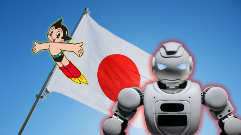 Astro Boy flies beside a Japanese flag waving against a blue sky, with a white humanoid robot in the foreground