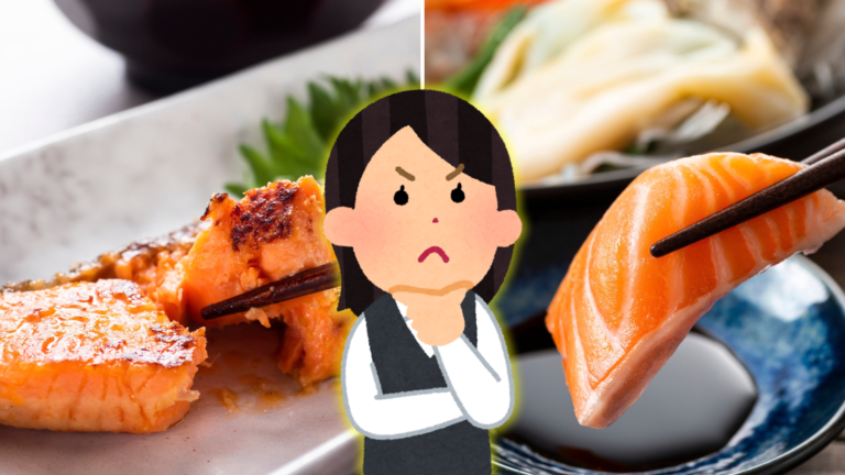 Grilled salmon on the left, raw salmon sashimi on the right, and a cartoon woman frowning in thought between them