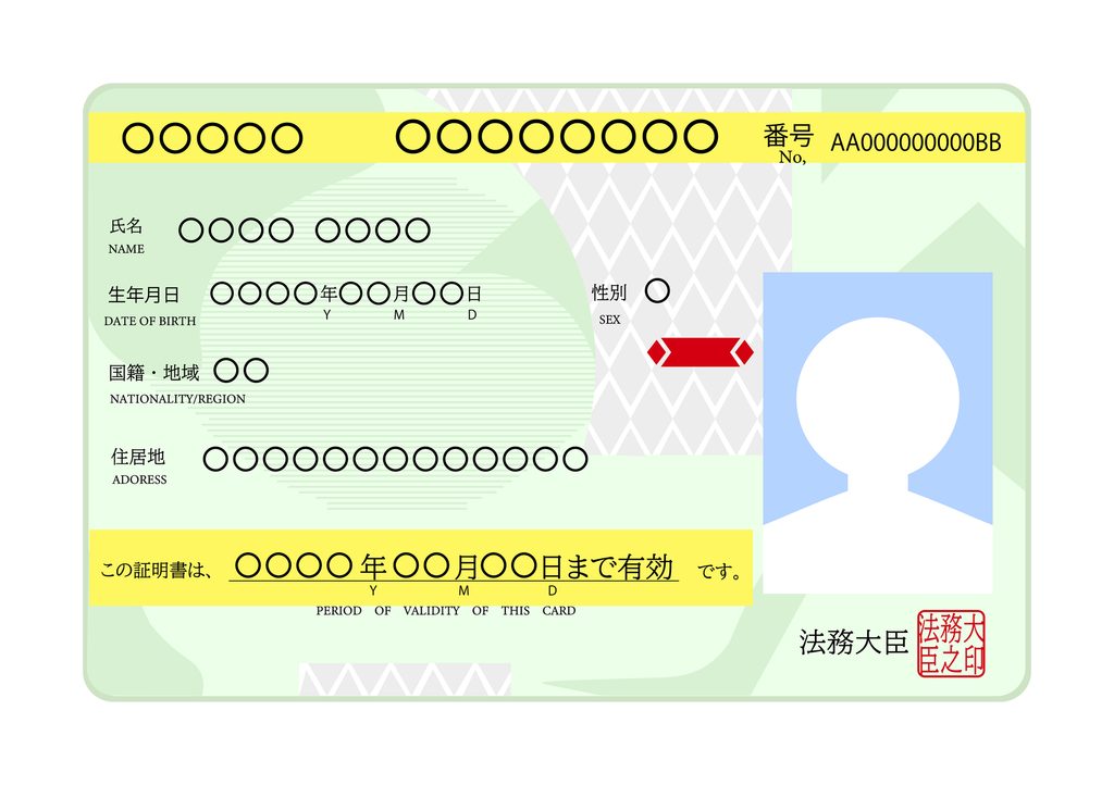 Specimen Japanese residence card with blank name, date of birth, nationality, and address fields